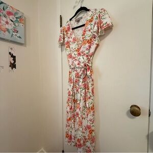 Chic Floral Midi Dress in Pink and Orange